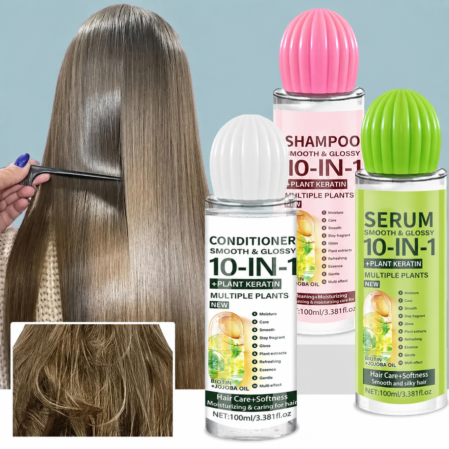 Glossy smooth hair after using hair care set