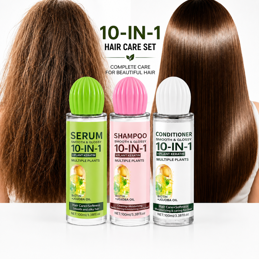 Before and after smooth glossy hair visual with hair care set
