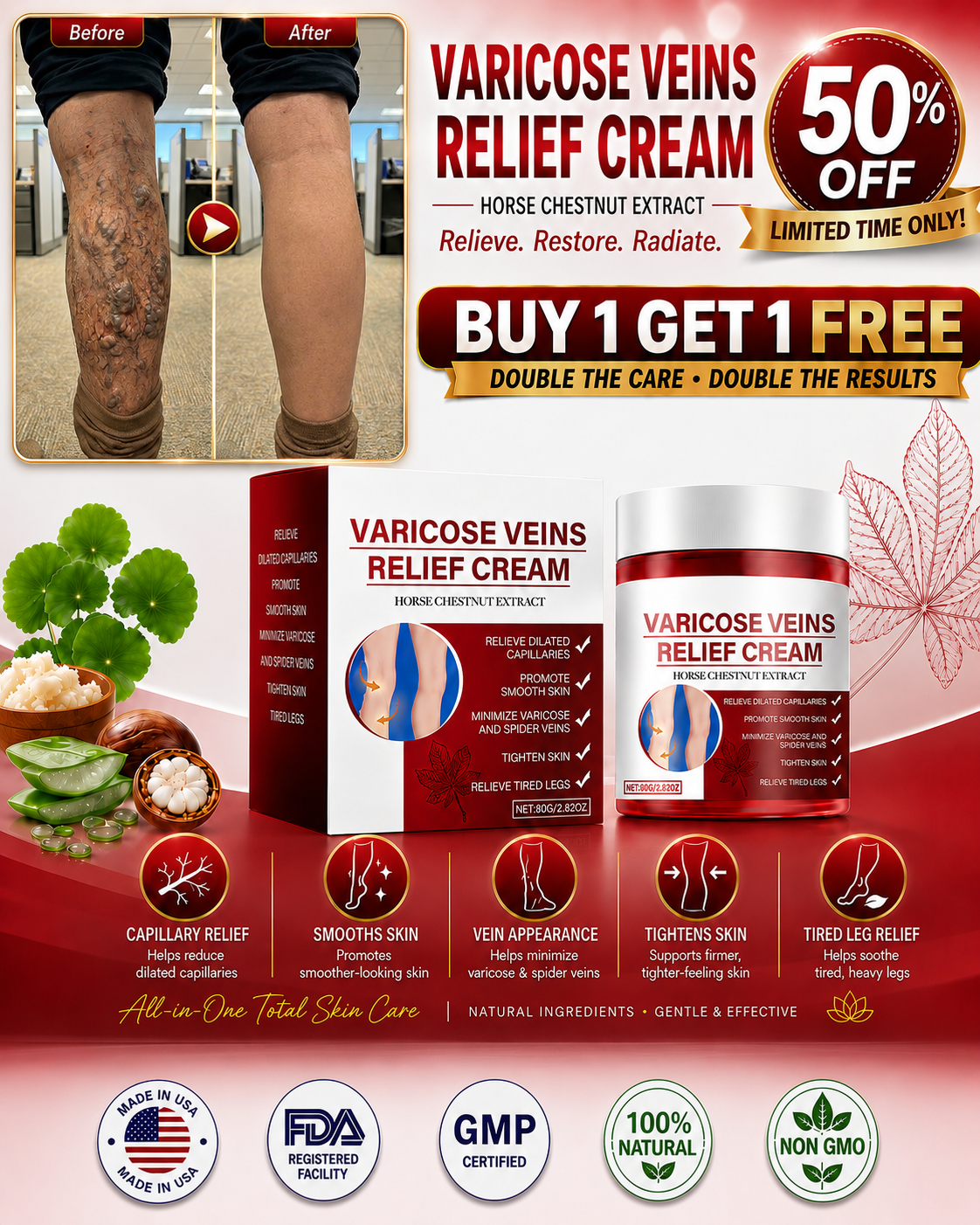 Varicose Veins Relief Cream with before and after comparison, product benefits and promotional offer